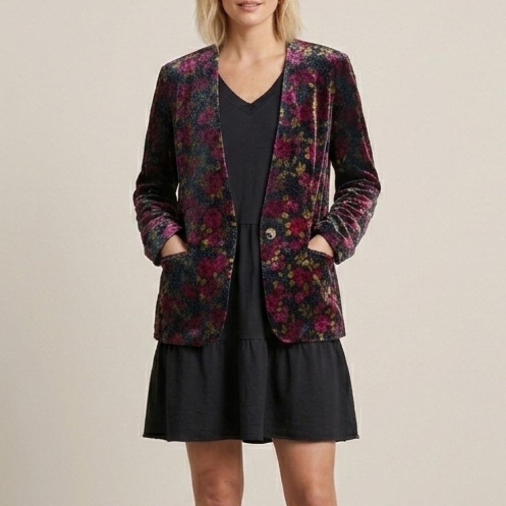 VTG Velvet Statement Jacket Floral Sparkle Black Size M